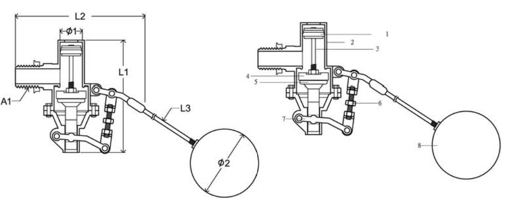 float valve size dimension chart